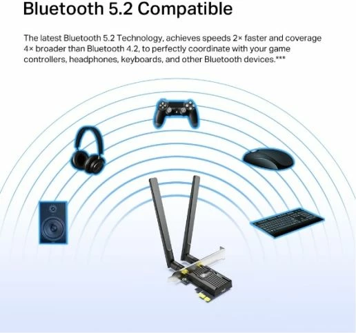 adapter PCIe Wi‑Fi TP-LINK Archer TX55E, AX3000 Wi‑Fi 6 + Bluetooth 5.2, 2 antena high-gain, e zezë