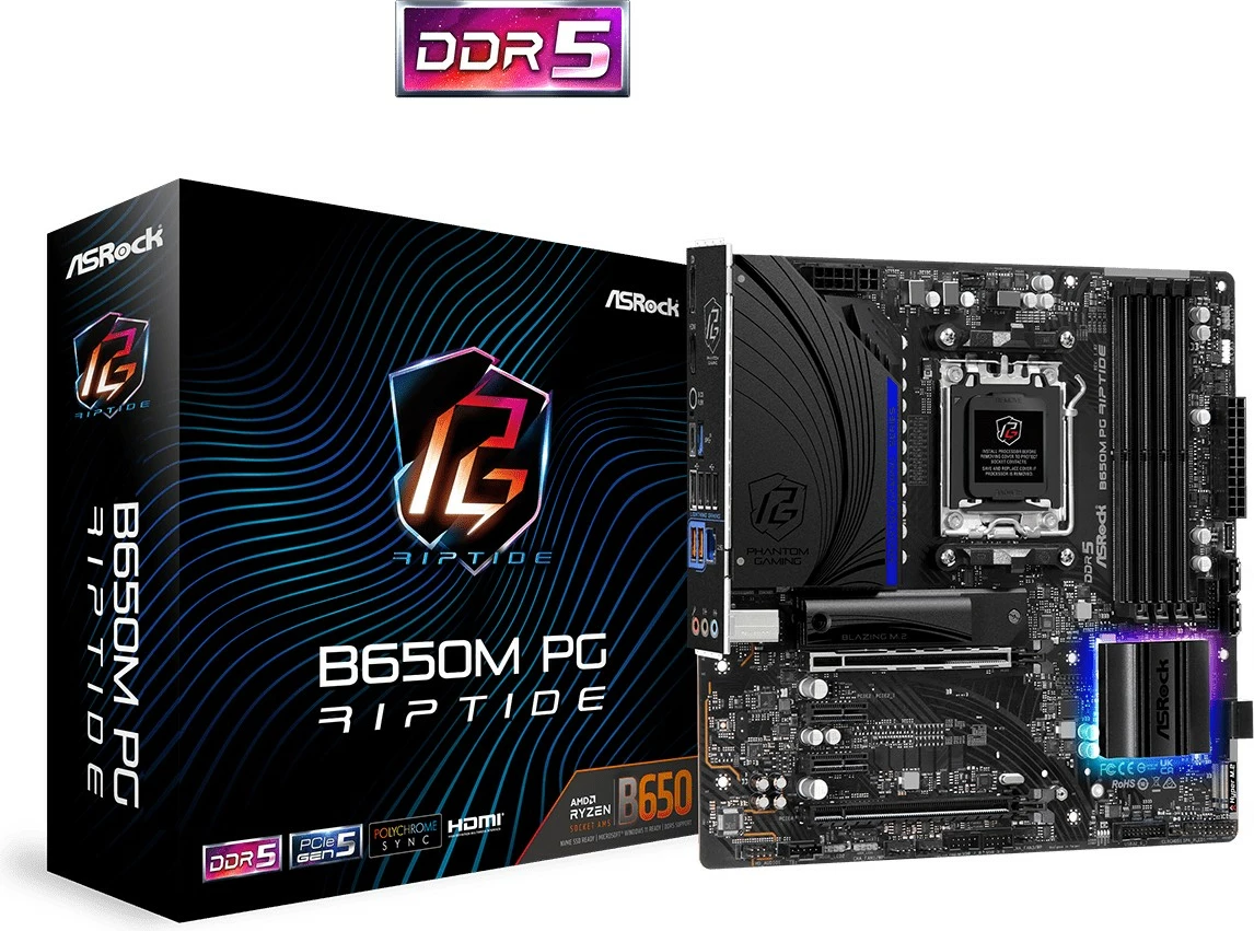 Pllakë amë ASRock B650M PG Riptide, AMD, Socket AM5, DDR5-SDRAM, 128 GB, micro ATX