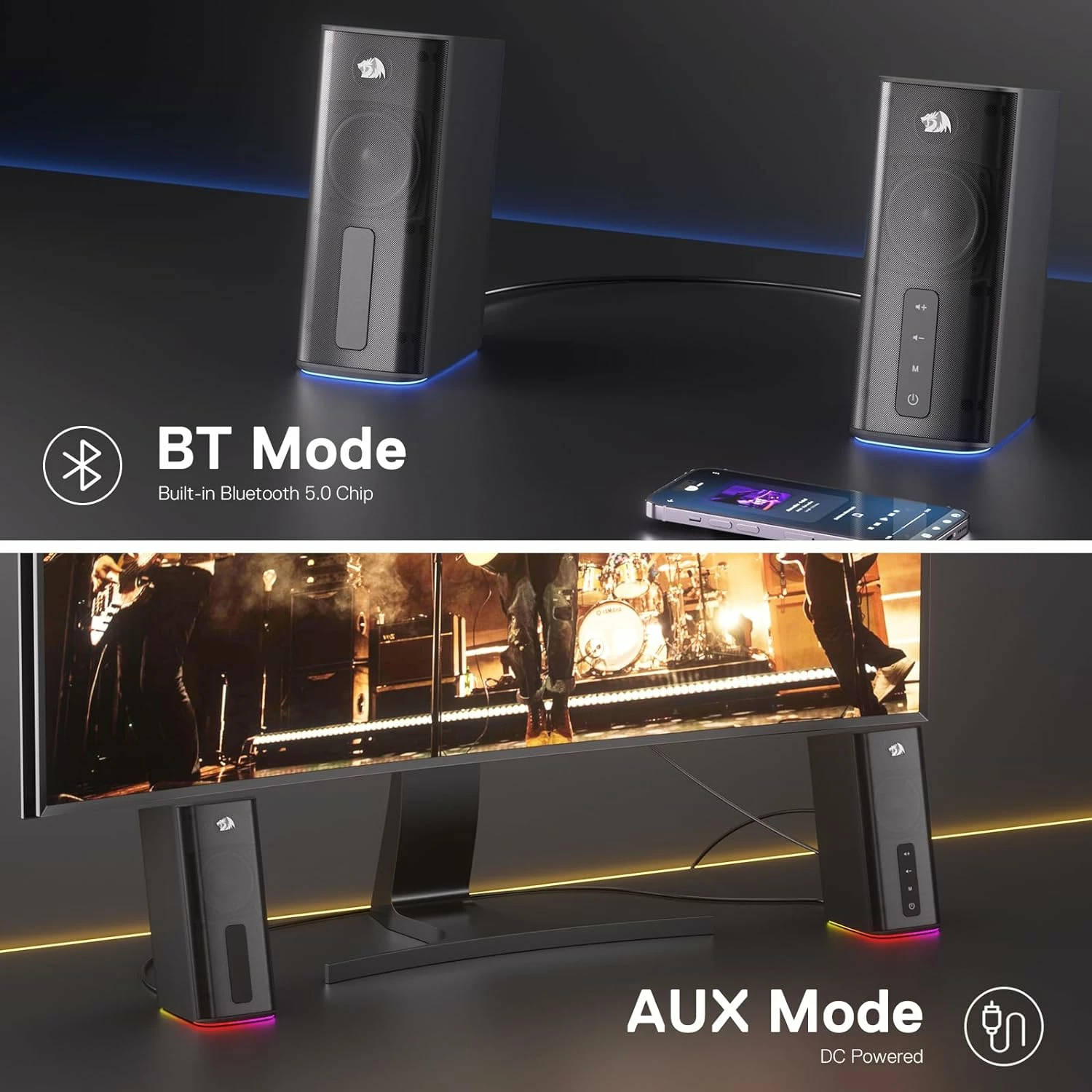 Altoparlantë Redragon Connie GS814, 2.0, Bluetooth 5.0, RGB, AUX 3.5mm, të zeza, set 2 copë