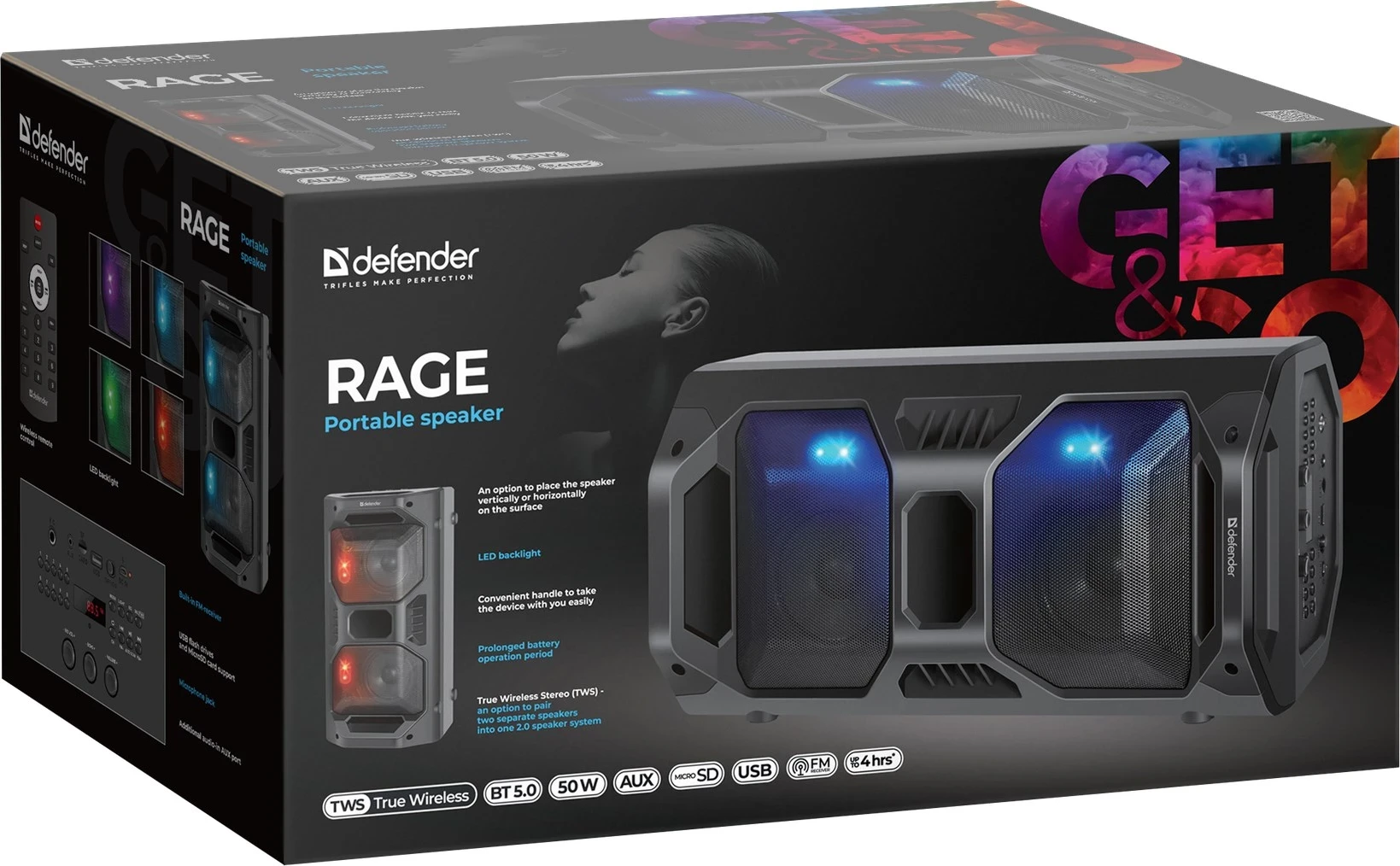 Altoparlant portativ Defender Rage, Stereo, 50 W, i zi