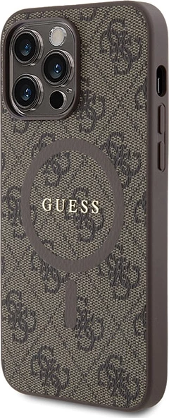 Mbështjellës Guess 4G Collection Leather Metal Logo MagSafe për iPhone 13 Pro / iPhone 13, Kafe
