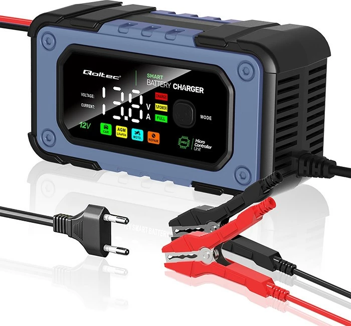 Karikues baterie Qoltec 52486, 12V, 7A, me funksion riparimi, LED, i zi/blu