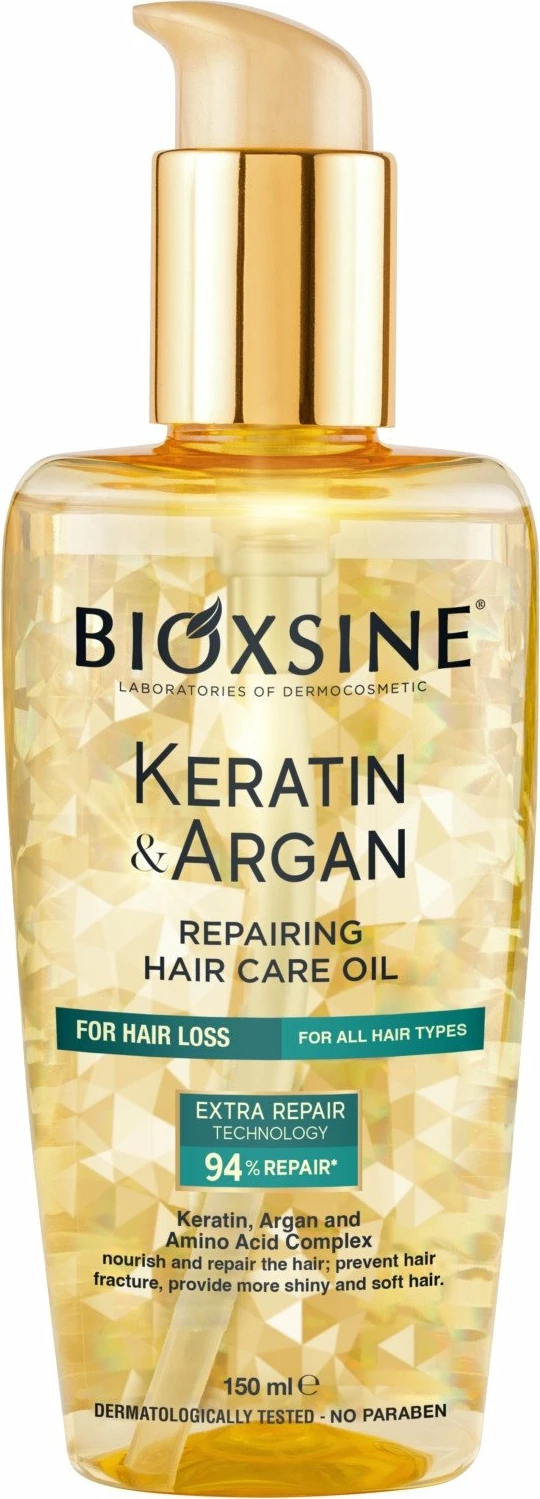 Vaj për flokë Bioxsine Keratin & Argan 150 ml, riparues e hidratues, pa parabene, me pompë