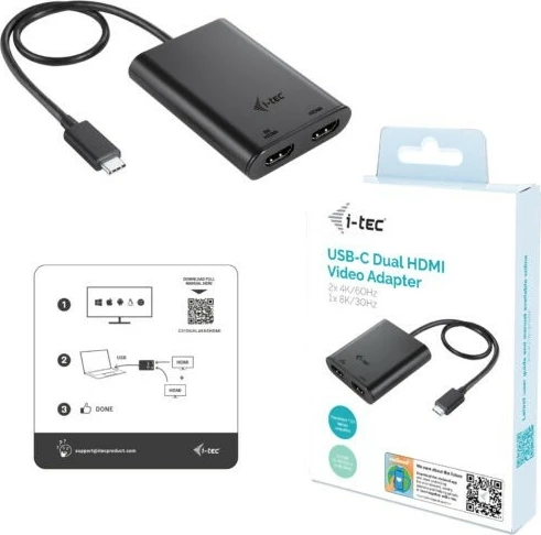 Adapter video USB-C i-tec C31DUAL4K60HDMI, 2x HDMI, 8K/30Hz ose 2x 4K/60Hz, i zi