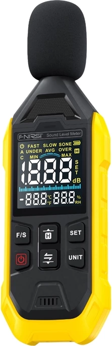 Matës zhurme (decibelësh) FNIRSI FDM01 30-130 dB A-weighting FAST/SLOW me matje temperature e lagështie ekran 2.3″ USB-C bateri 600 mAh verdhë/zi