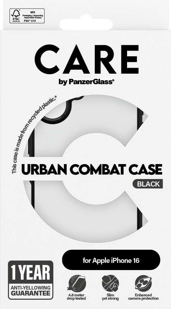 Mbështjellës PanzerGlass CARE Case Flagship Urban Combat për iPhone 16, transparent