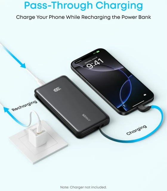 Powerbank Anker Zolo A110D 10000 mAh 22.5W me kabllo USB-C të integrume, bardhë