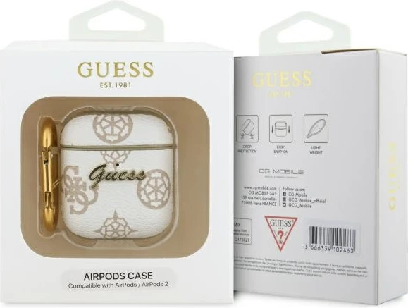 Mbështjellës Guess GUA2PG4GPH për AirPods 1/2, me karabinë, Bardhë