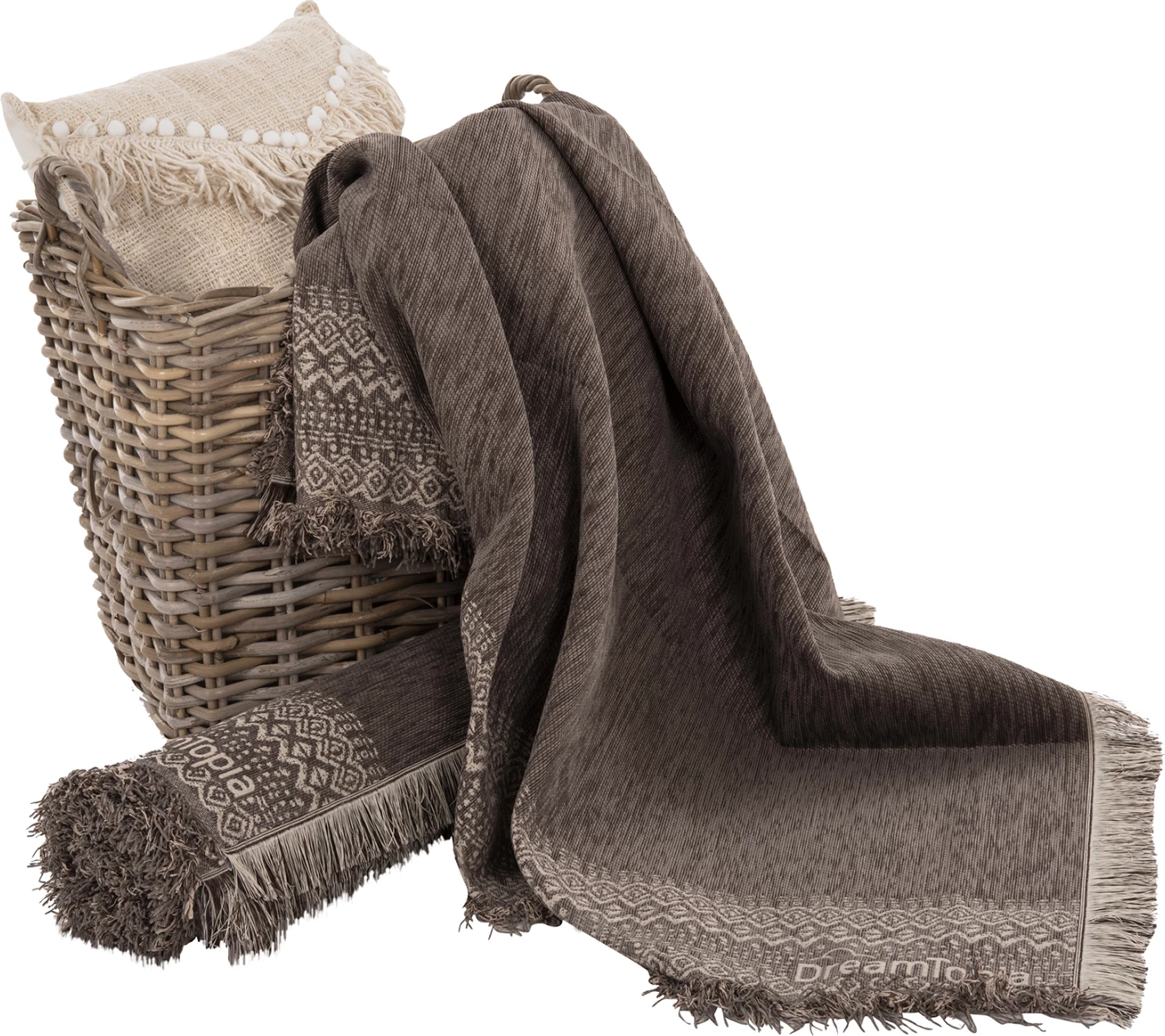 Mbulesë divani me franja DREAMTOPIA FH12164.04 ngjyrë kafe 178x178 cm