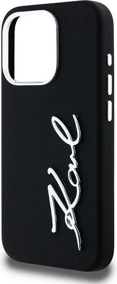 Mbështjellës Karl Lagerfeld Silicone Metal Script Logo për iPhone 15 Pro Max, i zi