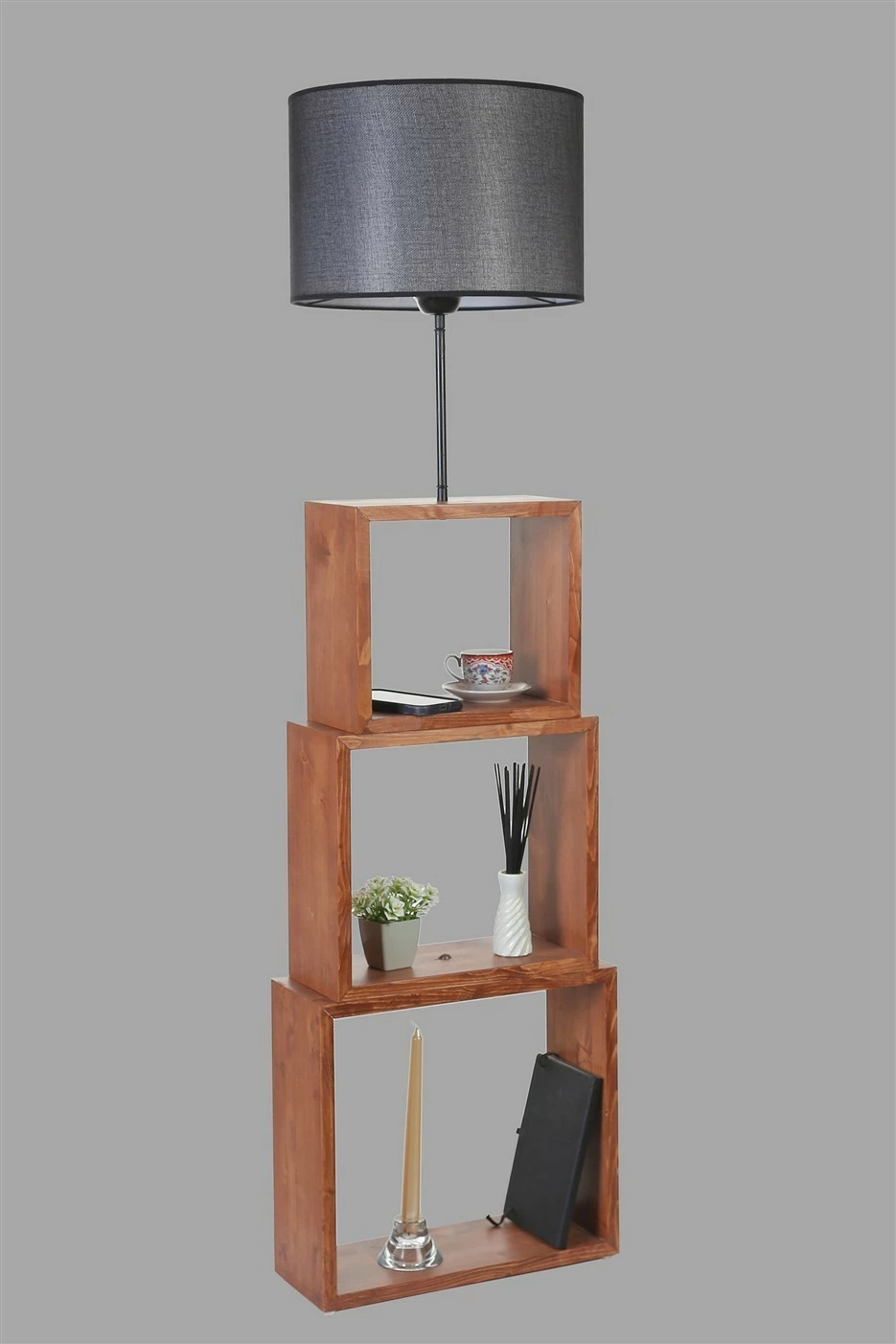 Llambë dyshemeje Opviq, 8836-10, e zezë dhe arre, trup metalik ose druri, kapak prej stofi, 140 cm