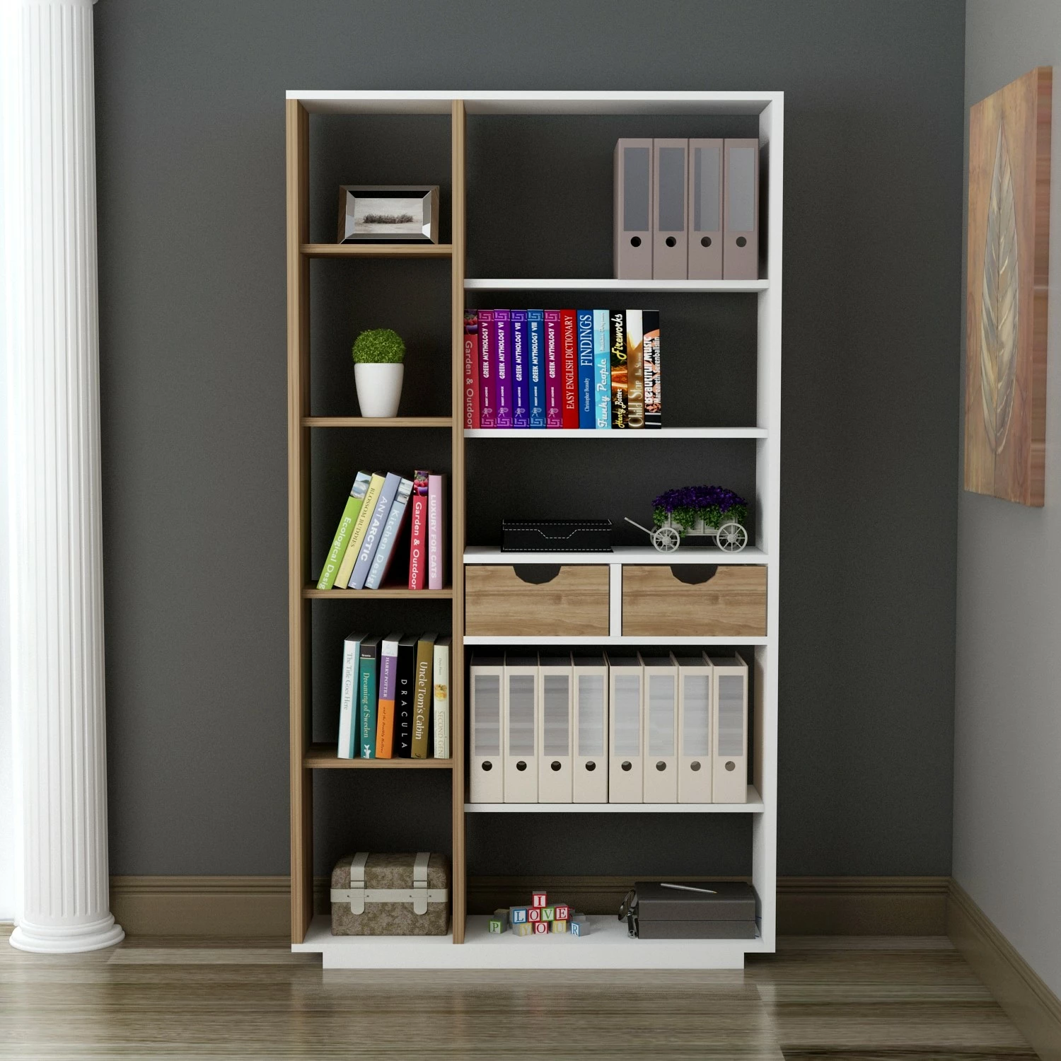 Raft librash Hanah Home, Luma, ngjyrë e bardhë dhe arre