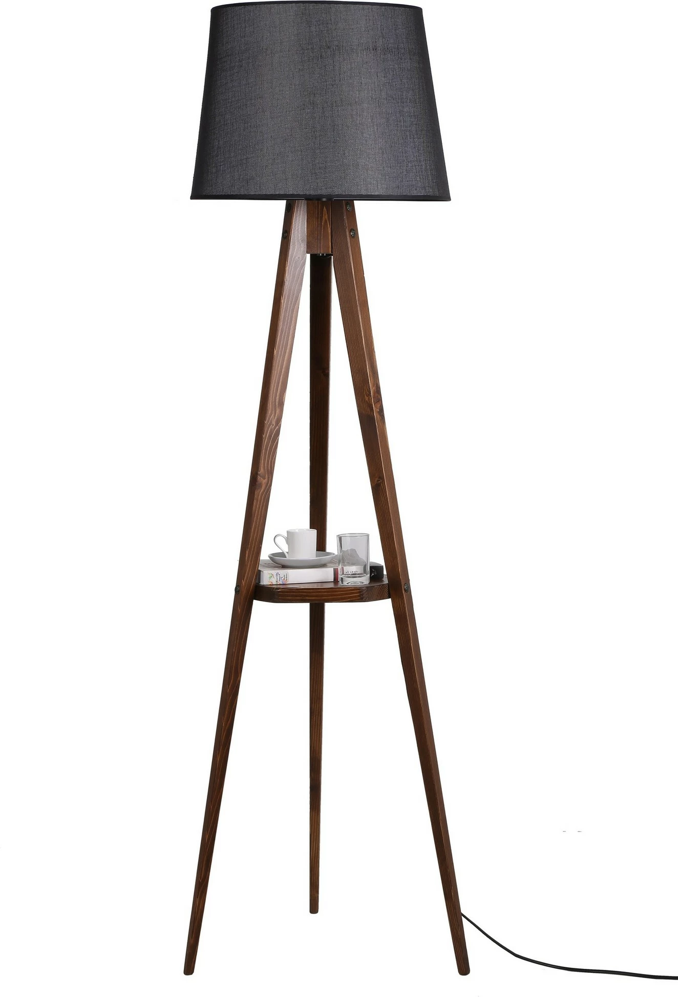 Llambë dyshemeje tripod, trup druri, raft, kapak tekstili, ngjyrë e zezë dhe arre, 160cm