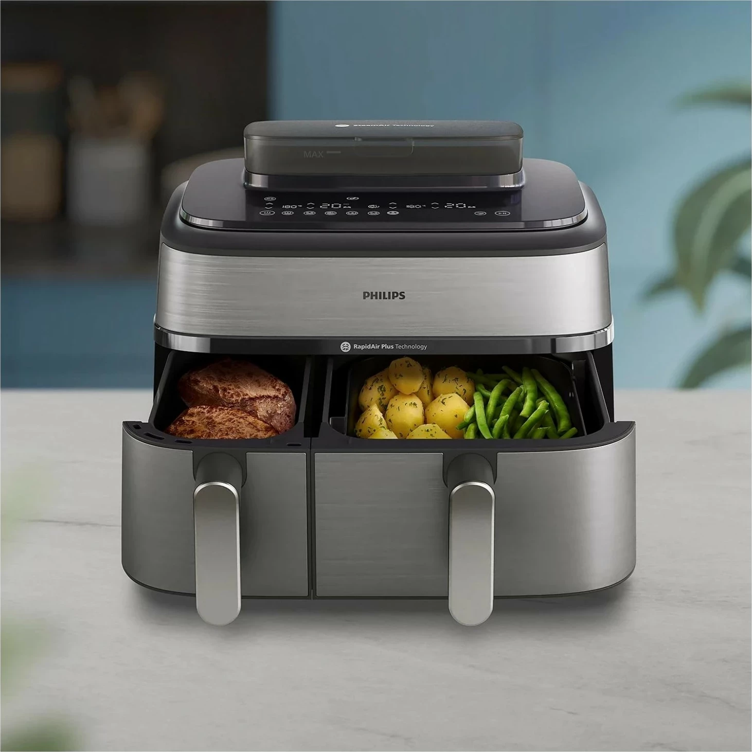 Fritezë ajri Philips NA555, 2 shporta, 1.5 kg, 2750W, argjendtë