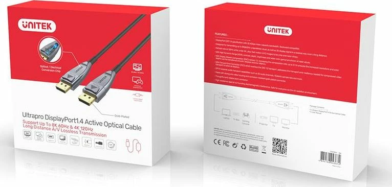Kabllo DisplayPort Unitek C1618GY 20m DP 1.4 optike 8K@60Hz, gri