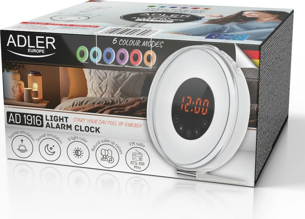 Zgjues me dritë, Adler AD1916, simulim agimi, radio FM, USB-C, ngjyrë e bardhë