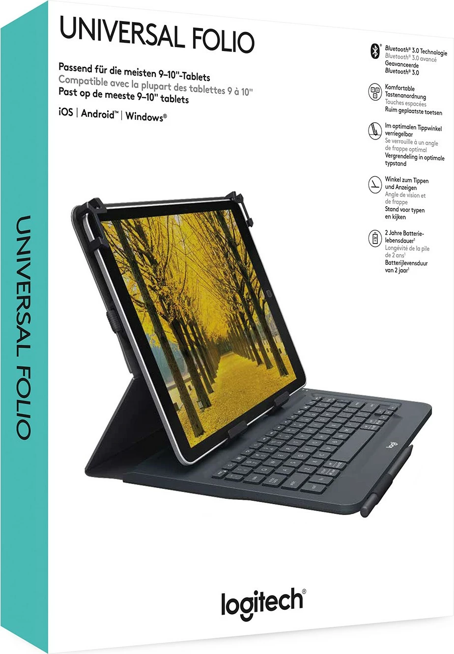 Mbështjellës me tastierë Logitech Universal Folio për tablet 9-10 inç, QWERTY, spanjisht, i zi