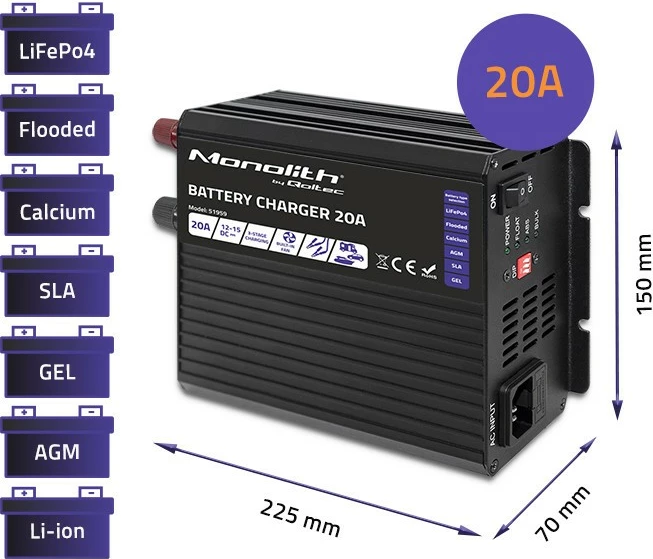 Karikues baterie Qoltec Monolith 20A 12V, i zi