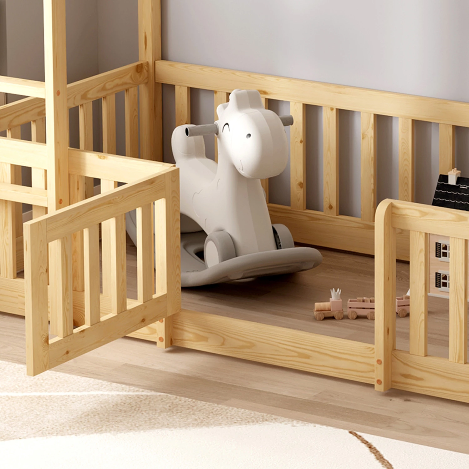 Krevat marinari për fëmijë Montessori PLAYKID me park lojërash, dru pishe natyral, FH703.01, 190x90cm