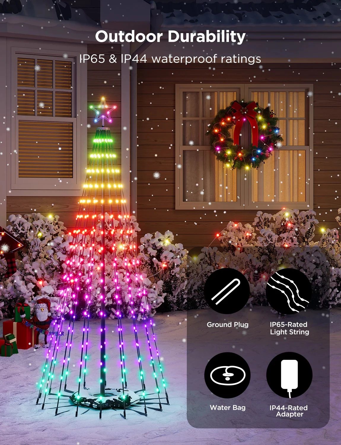 Drita dekorative smart Govee Cone Tree Lights RGBIC, IP65, 66 skena, me kontroll zanor, multicolor, set me 6 kunja