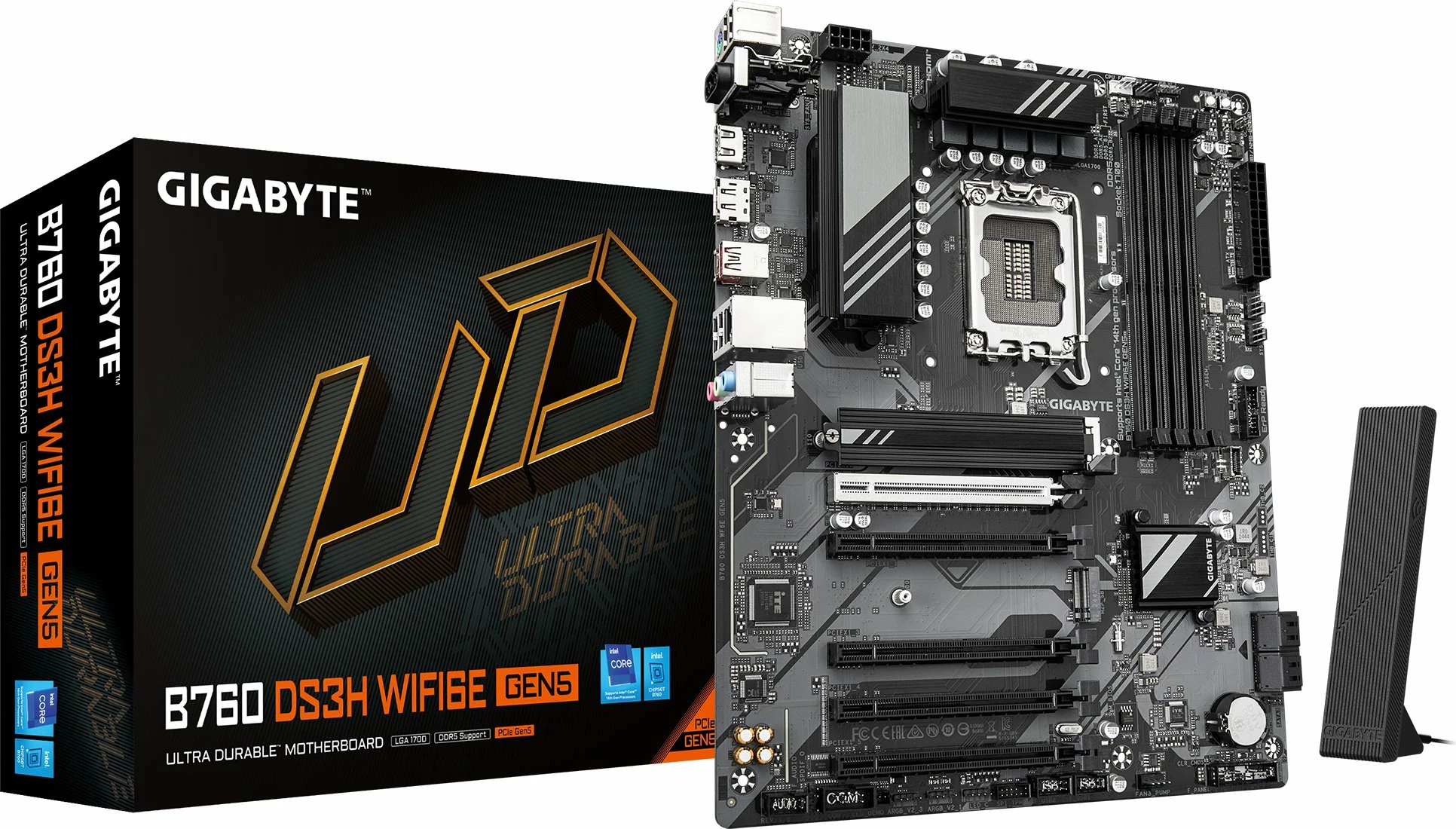 Pllakë amë Gigabyte B760 DS3H WF6E GEN5 DDR5 ATX Wi‑Fi 6E, e zezë-argjendtë