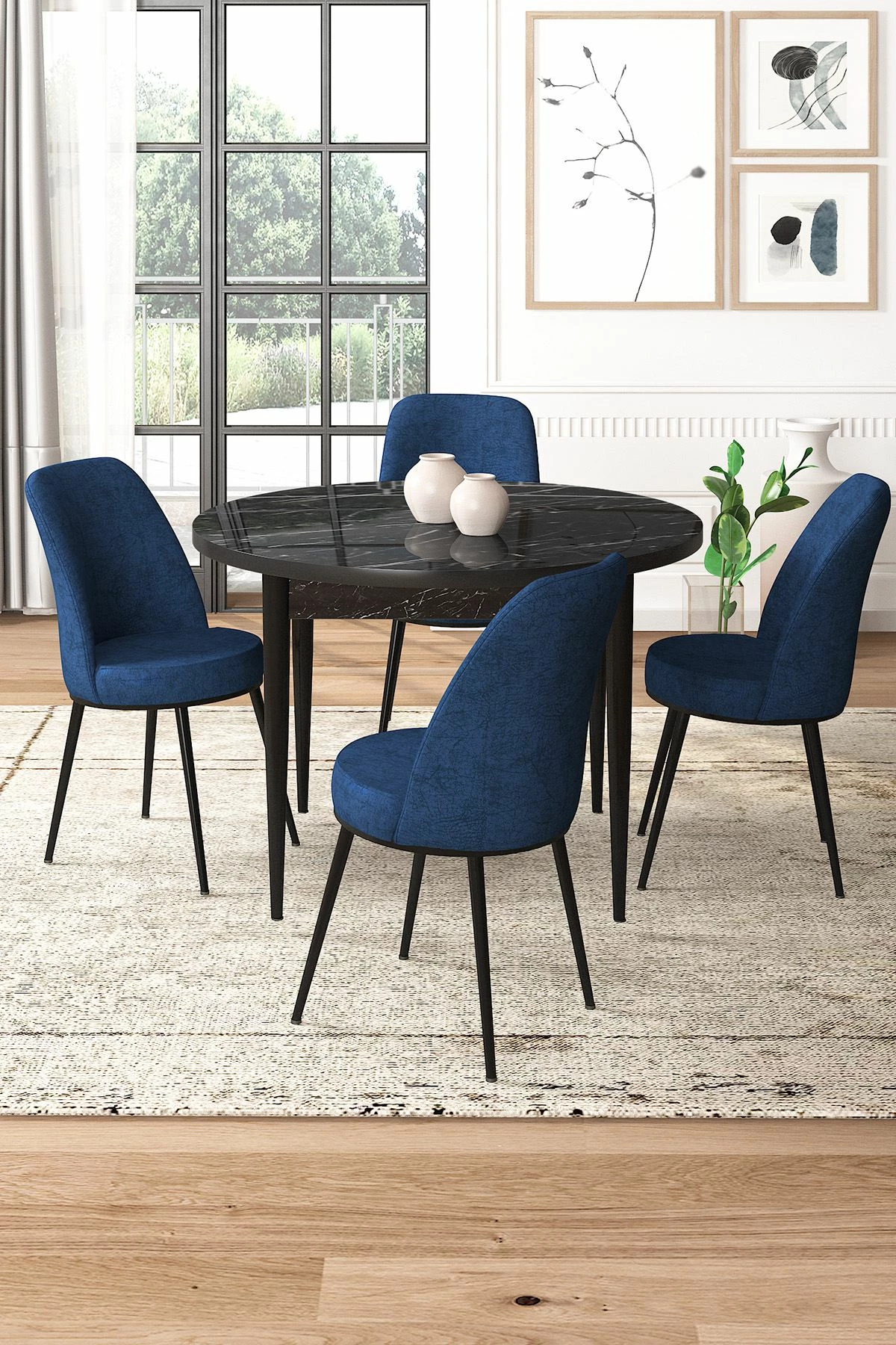 Tavolinë me karrige, 5 copë, Skye Decor, mermer i zi, karrige blu e errët
