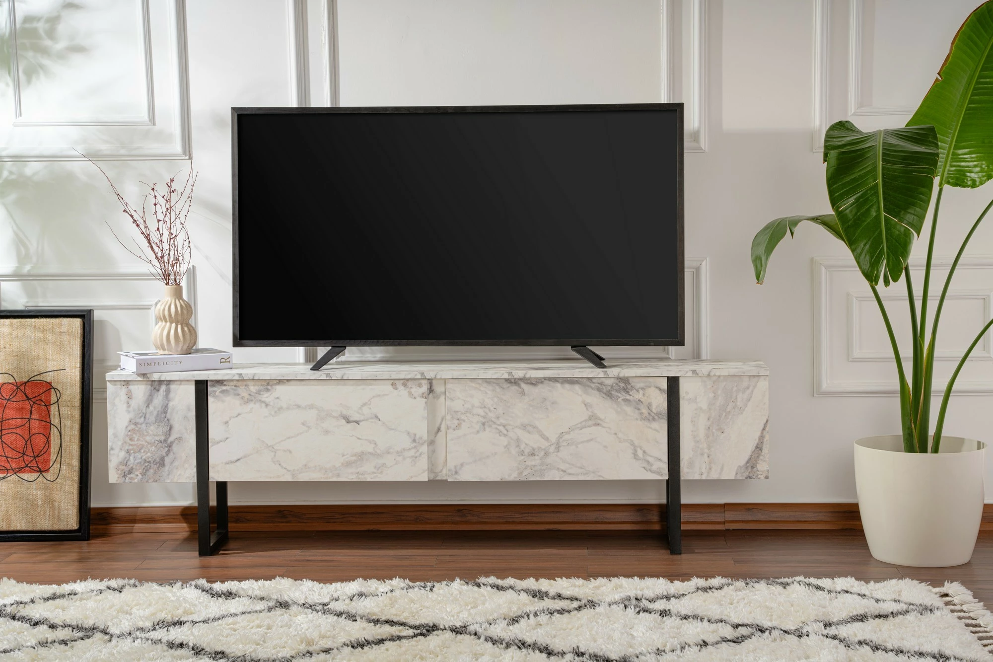 Komodë televizori Nordure, ngjyrë Freesia Marble, e zezë