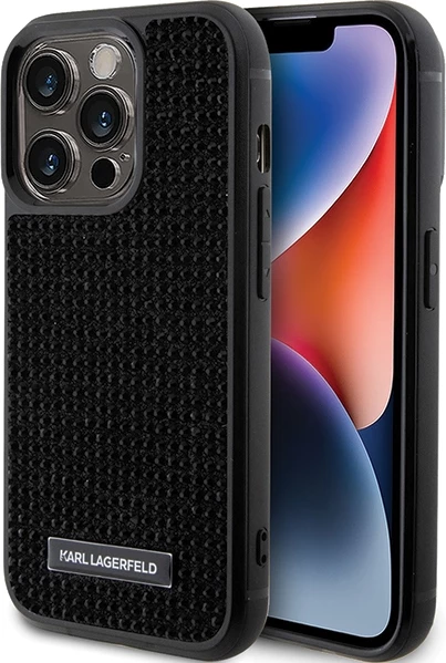 Mbështjellës Karl Lagerfeld Rhinestone Logo Metal Plate për iPhone 15 Pro Max, i zi