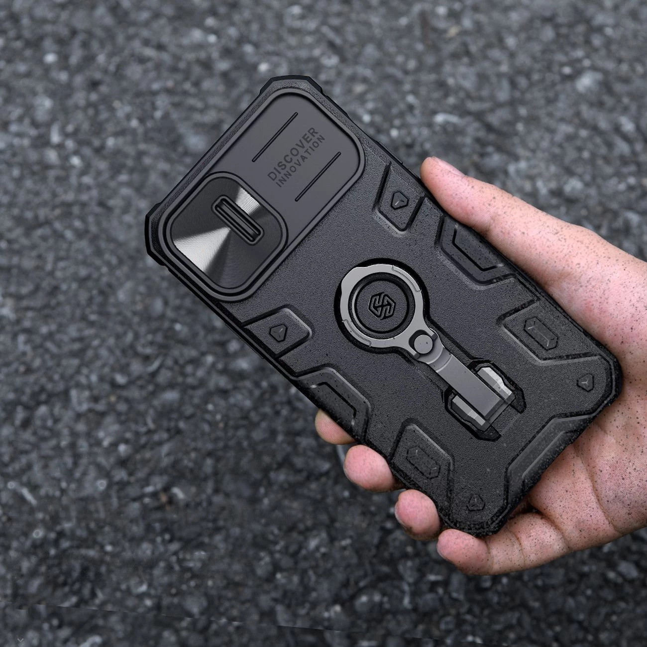 Mbështjellës Nillkin CamShield Armor Pro për iPhone 14 Plus, me kapak kamere, mbajtëse gishti dhe stand, Blu