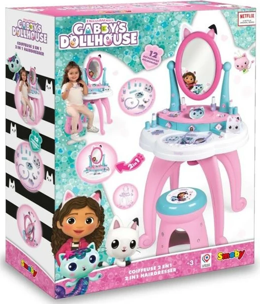 Tavolinë grimi lodër Smoby Gabby's Dollhouse 2-in-1 me 12 aksesorë, Rozë/Kaltër