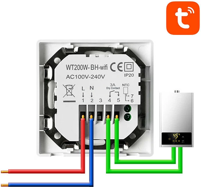 Termostat i mençur Wi‑Fi për bojler, Avatto WT200-BH-3A-W, 3A, Tuya Smart Life, ekran LCD me prekje, AC 95-220V, i bardhë