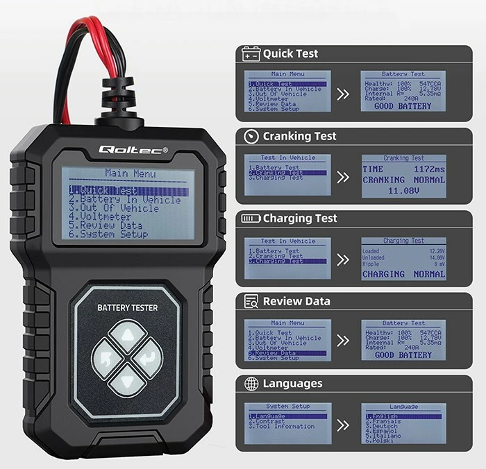 Tester baterie Qoltec 50686, dixhital, LCD, për makina, 12V, 30-220Ah, i zi