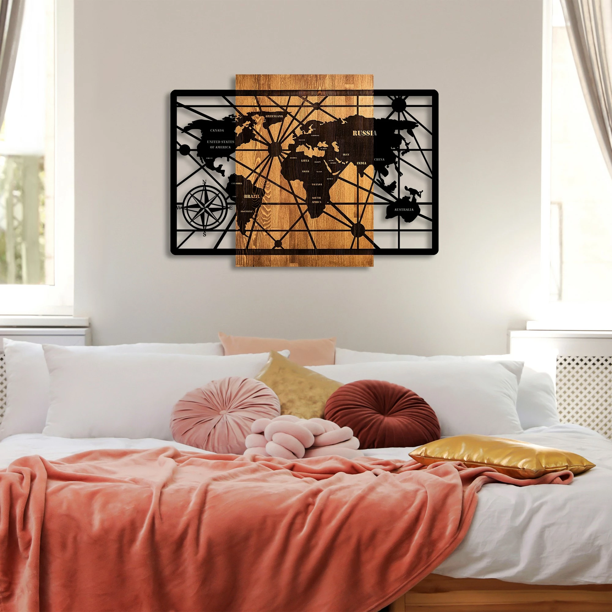 Aksesor dekorativ muri prej druri, hartë bote, Wallity, 6-L, ngjyrë arre dhe e zezë, 70x96cm