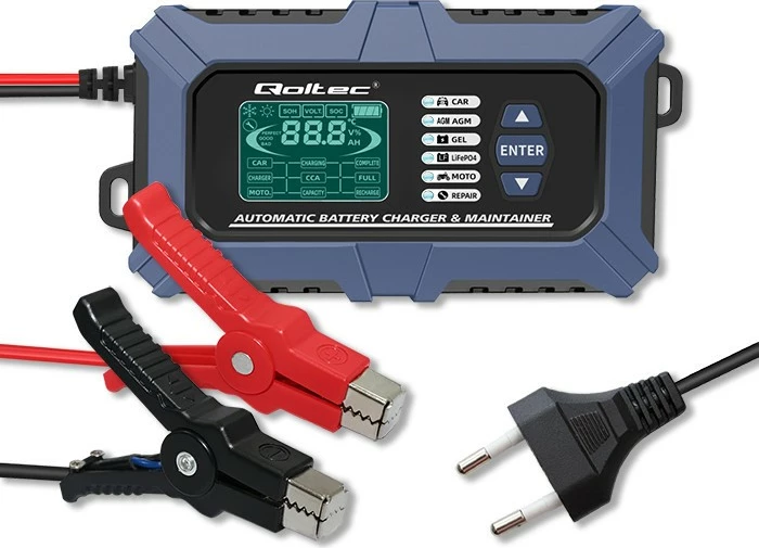 Karikues inteligjent baterie Qoltec 52488, 12V, 6A, me LCD, funksion testimi dhe riparimi, zi/blu