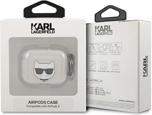 Mbështjellës Karl Lagerfeld KLA3UCHGS për AirPods 3, Choupette Head, TPU, Argjendtë Glitter
