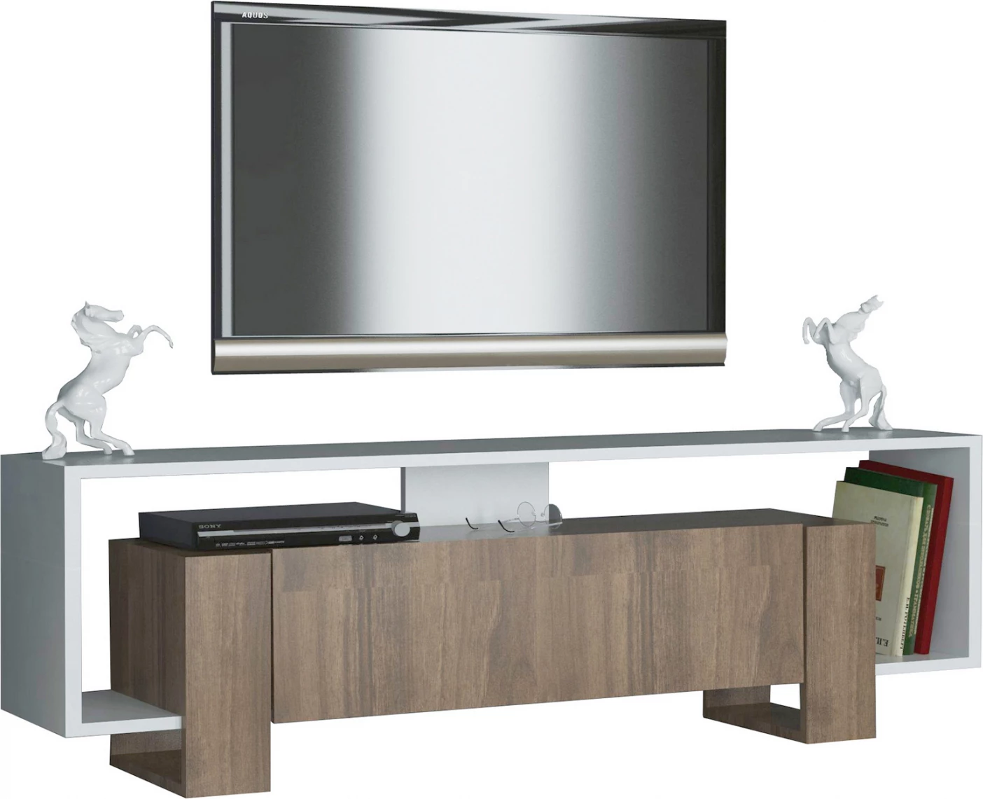 Mobilje TV melamine, ngjyrë e bardhë dhe arre, FH101.01, 120x33,2x48,6 cm