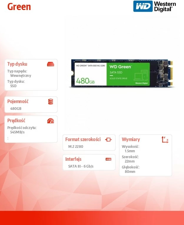 SSD Western Digital Green WDS480G3G0B, 480GB, M.2 2280