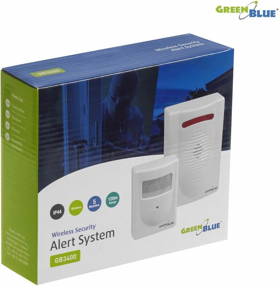 Alarm sinjalizues hyrjeje pa tela GreenBlue GB3400, me sensor PIR, 5 melodi, i bardhë, set sensor + marrës