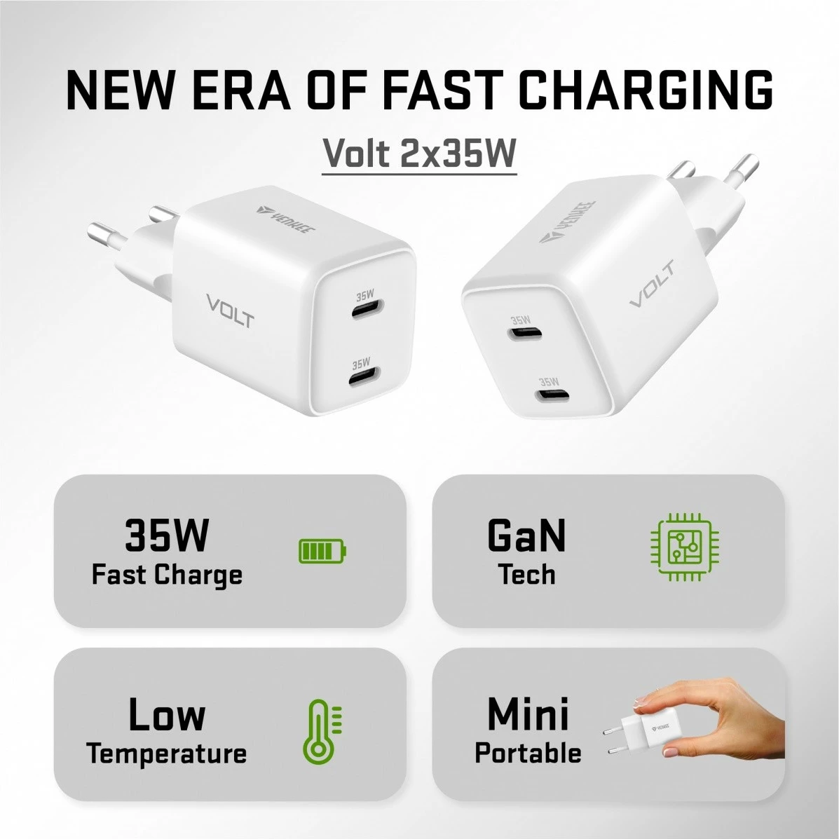 Karikues muri YENKEE YAC G35D VOLT, 35W, 2x USB Type-C, i bardhë