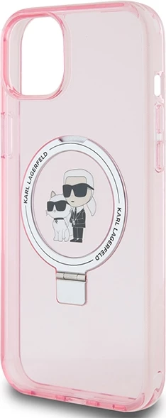 Mbështjellës Karl Lagerfeld KLHMP15SHMRSKCP për iPhone 15 6.1", me ring stand, MagSafe, rozë