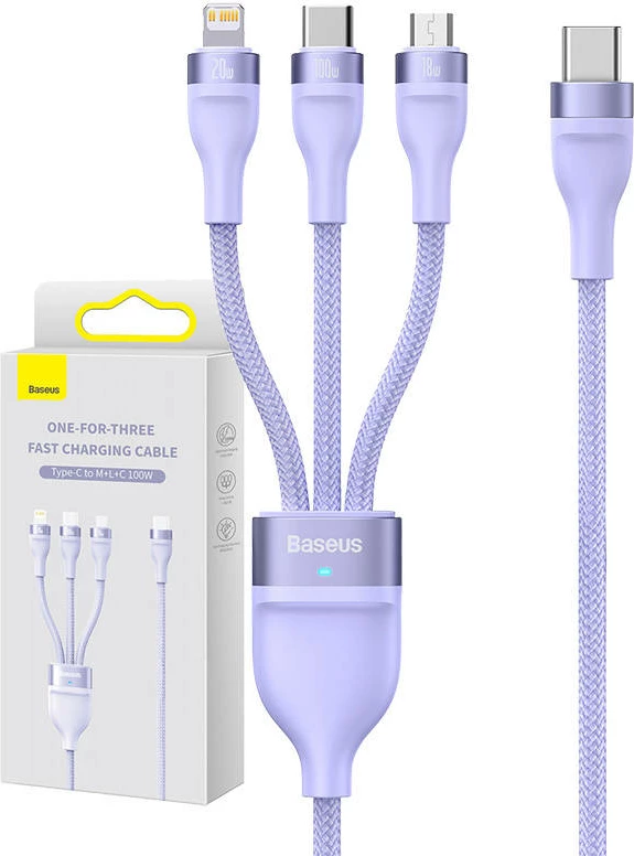 Kabllo 3-në-1 Baseus Flash Series 2, 1.5m, 100W, USB-C + micro USB + Lightning, vjollcë