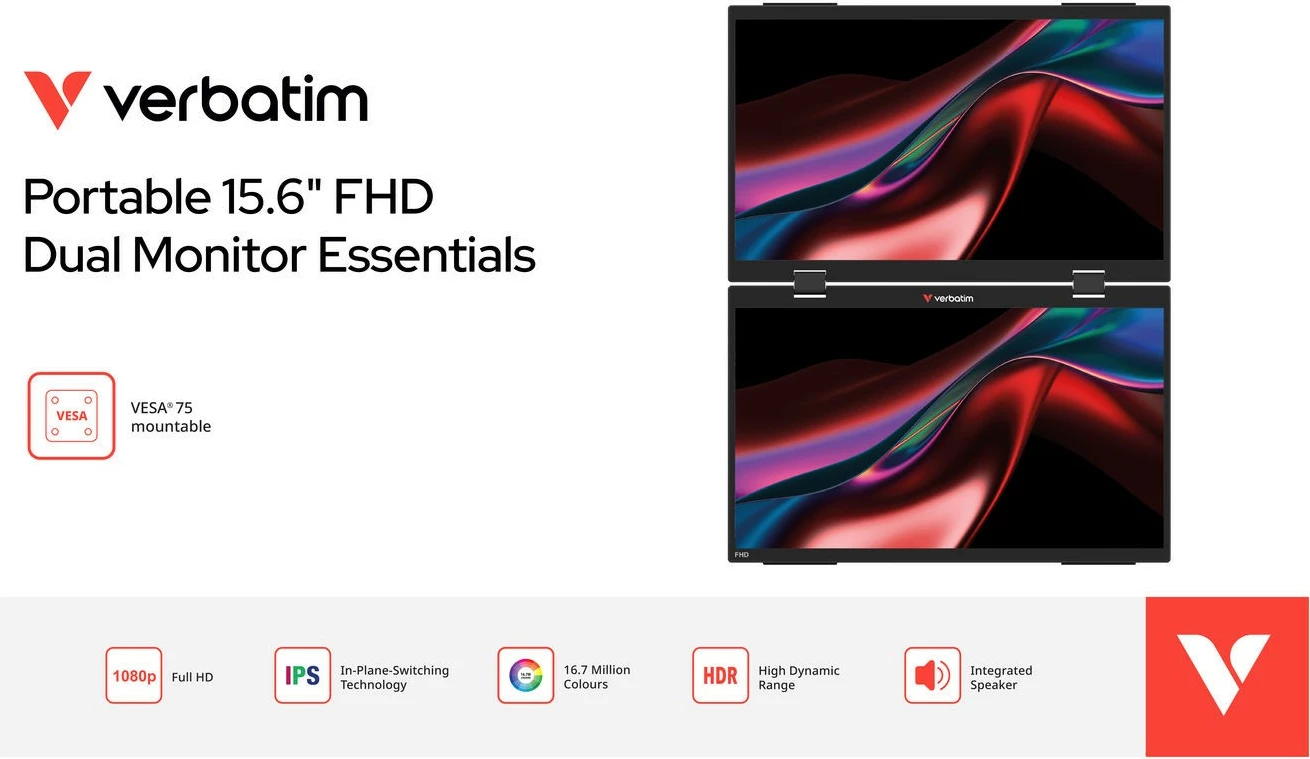 Monitor portabël me prekje dual, Verbatim, GMVE32403PLG, 2x 15.6" Full HD 60Hz IPS, altoparlantë të integruar, VESA 75, i zi