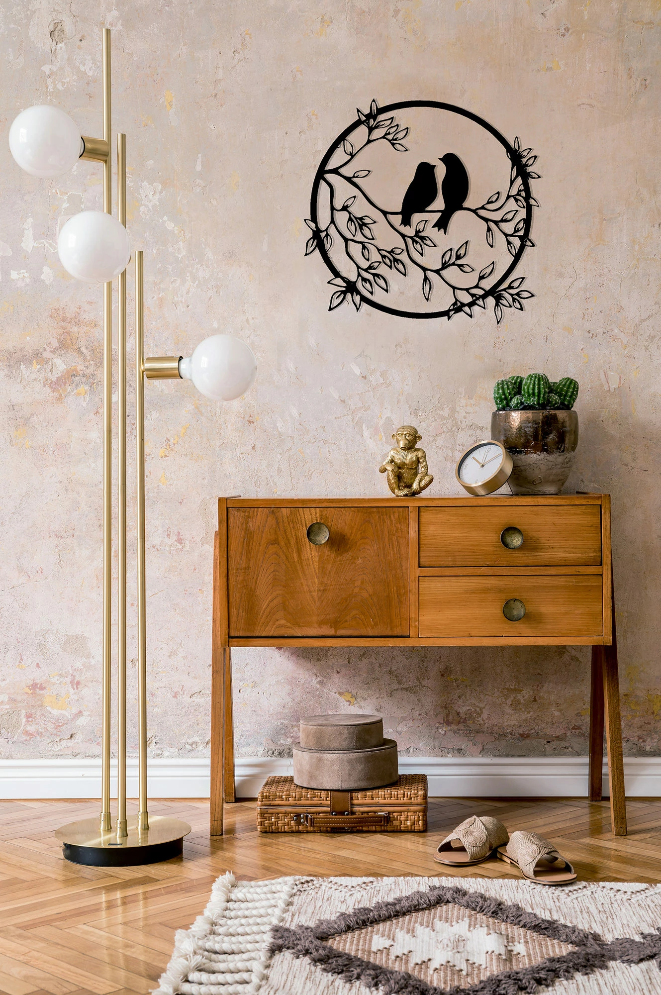 Aksesor dekorativ metalik për mur, zogj në pemë, Wallity