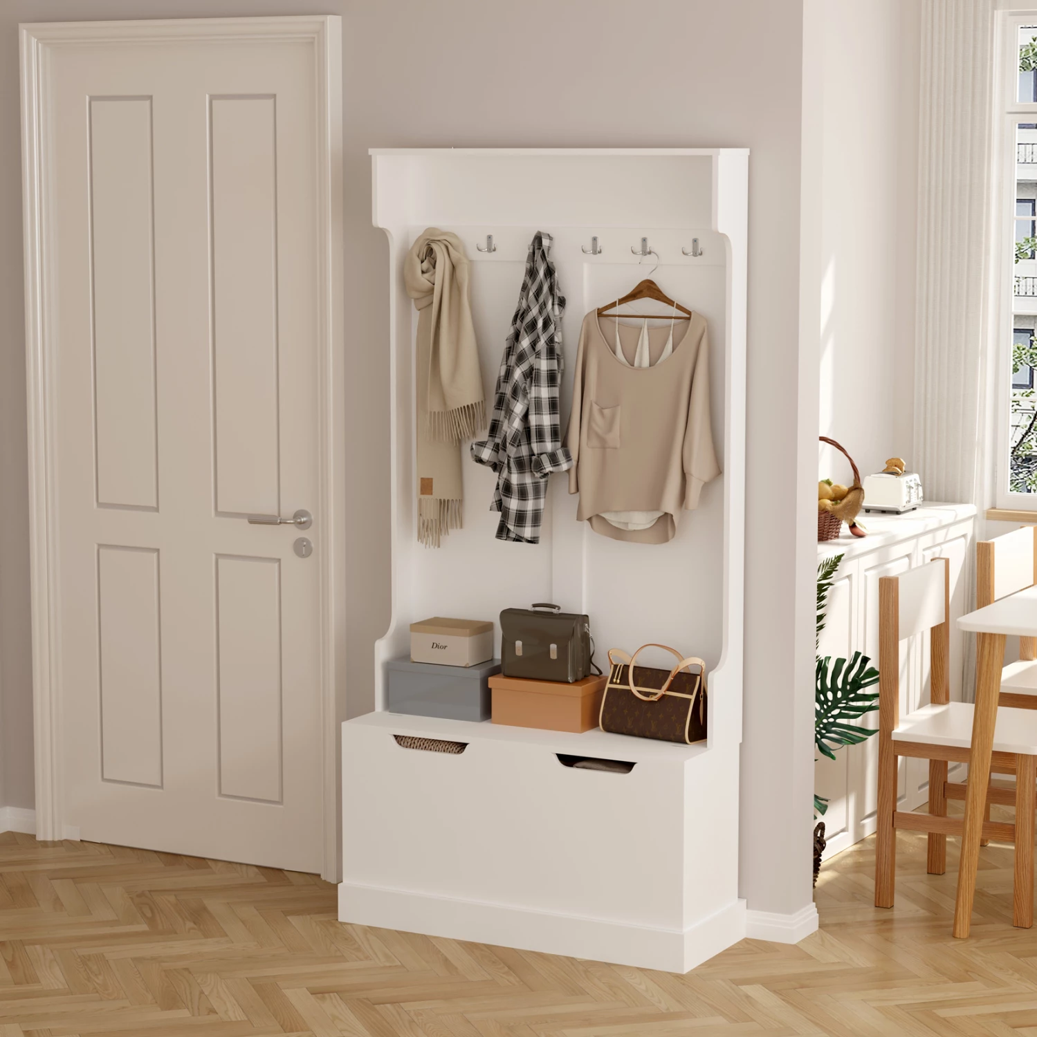 Mobilje për hyrje KAYLOR FH2475.03 me varëse dhe hapësirë ruajtjeje-MDF në të bardhë 93x34x180Hcm