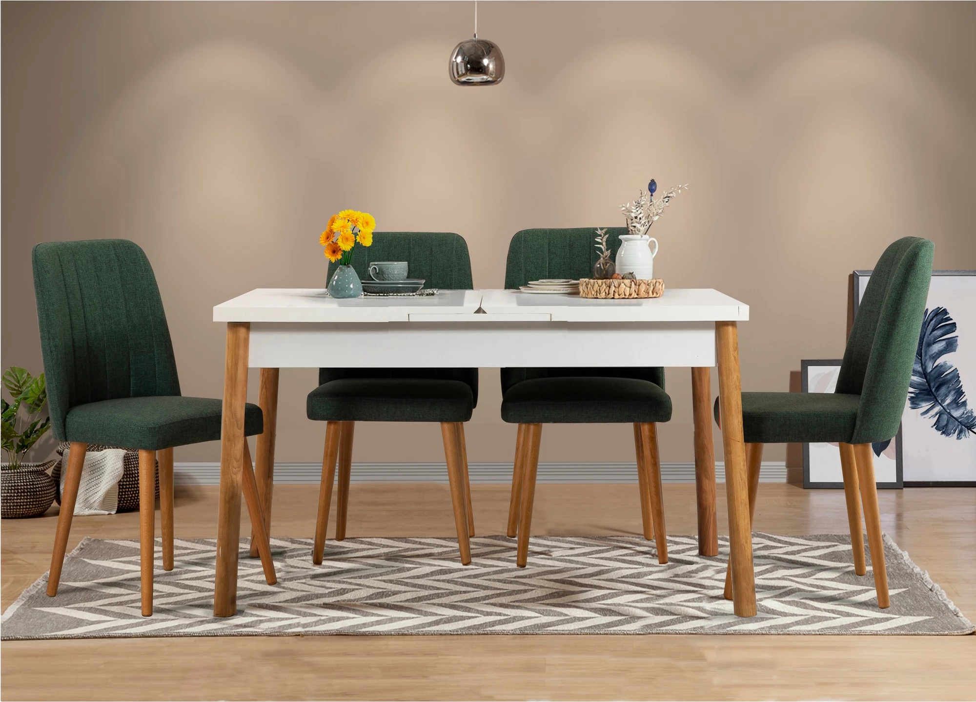 Tavolinë me karrige për ngrënie, e zgjatshme, 5 copë, Skye Decor, Santiago, e bardhë, e gjelbër