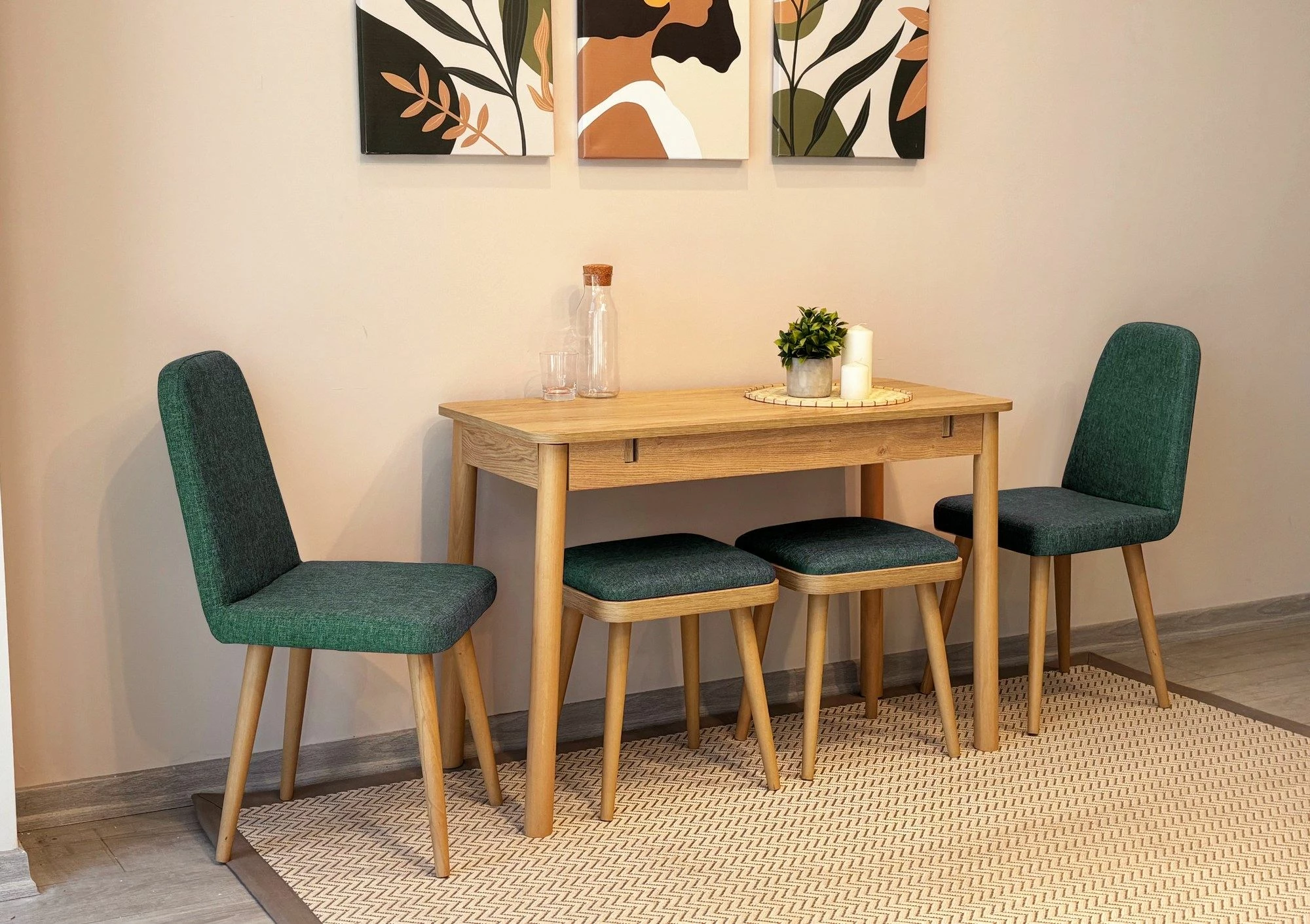 Tavolinë me karrige të zgjatshme, 5 copë, ngjyrë lis dhe e gjelbër, Skye Decor, Vina Mini 02 1070