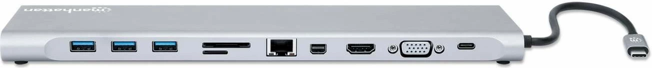 Docking station MANHATTAN USB-C 11in1 MST, për 3 monitorë, argjend