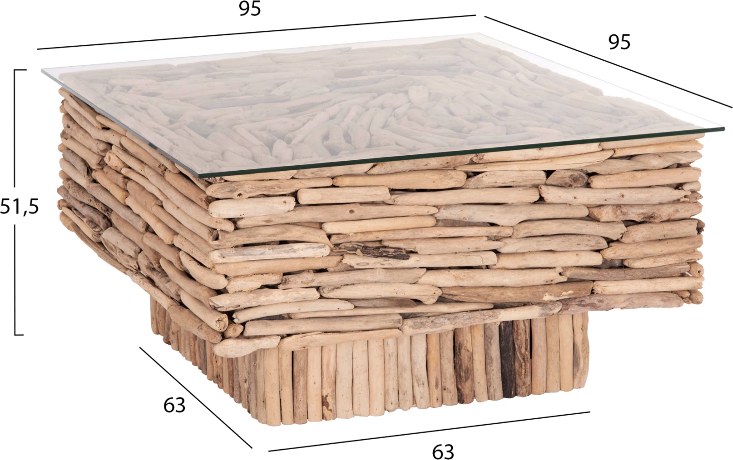 Tavolinë kafeje katrore SPARROW, dru natyral, xham, 95x95x51.5cm