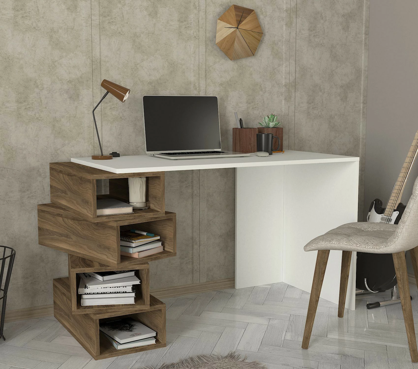 Tavolinë studimi Hanah Home, Jenga, e bardhë dhe arrë