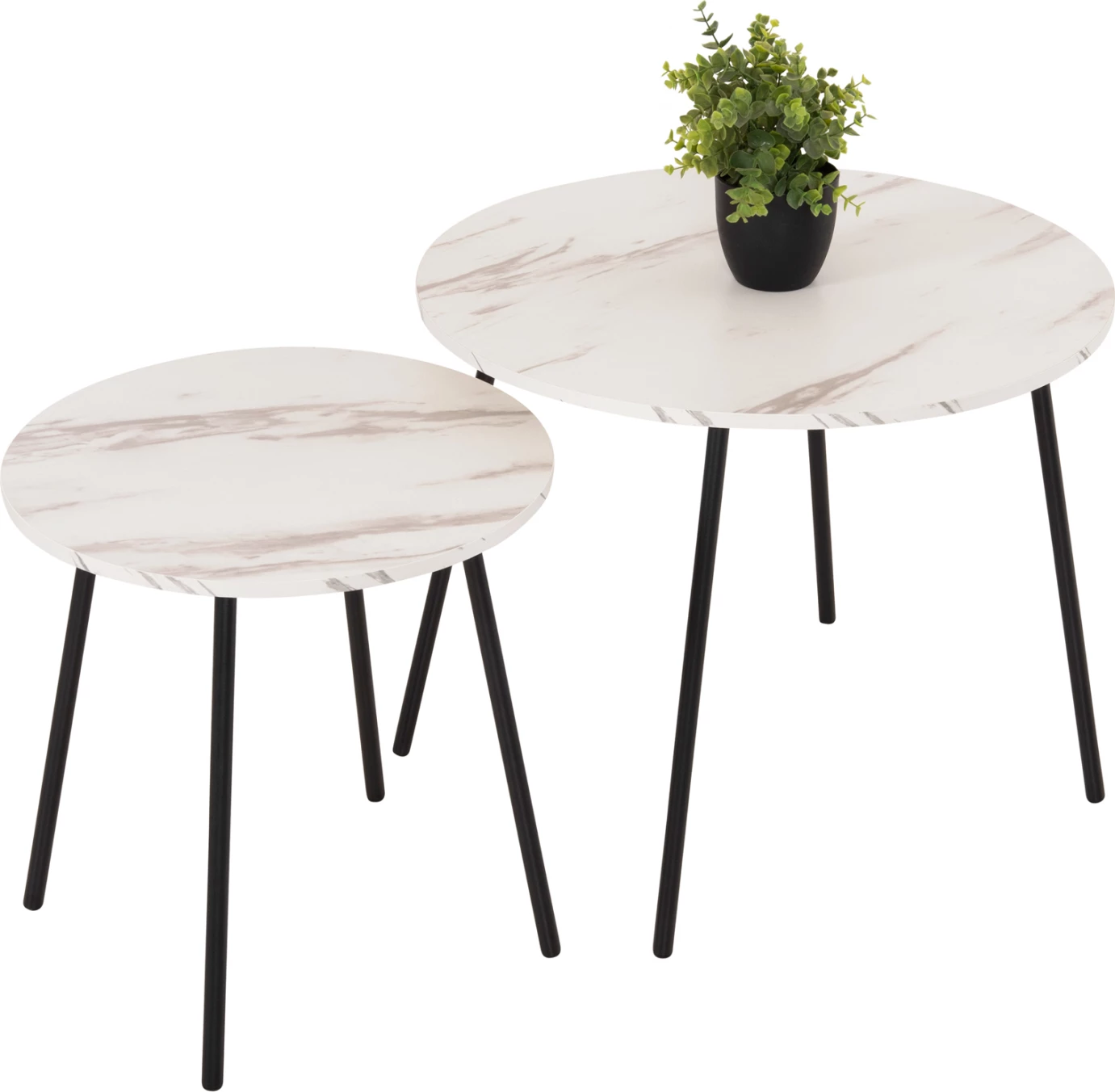 Tavolina kafeje 2 copë, të rrumbullakëta, bakri, FH9878.12, melaminë, ngjyrë mermeri të bardhë-metal të zi, Φ55x45H cm